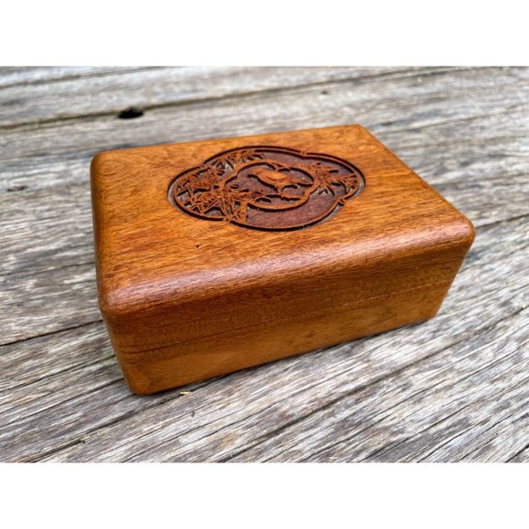 Vintage Small Walnut Wood Jewelry Box Carved Bird on Branch - Picture 1 of 11